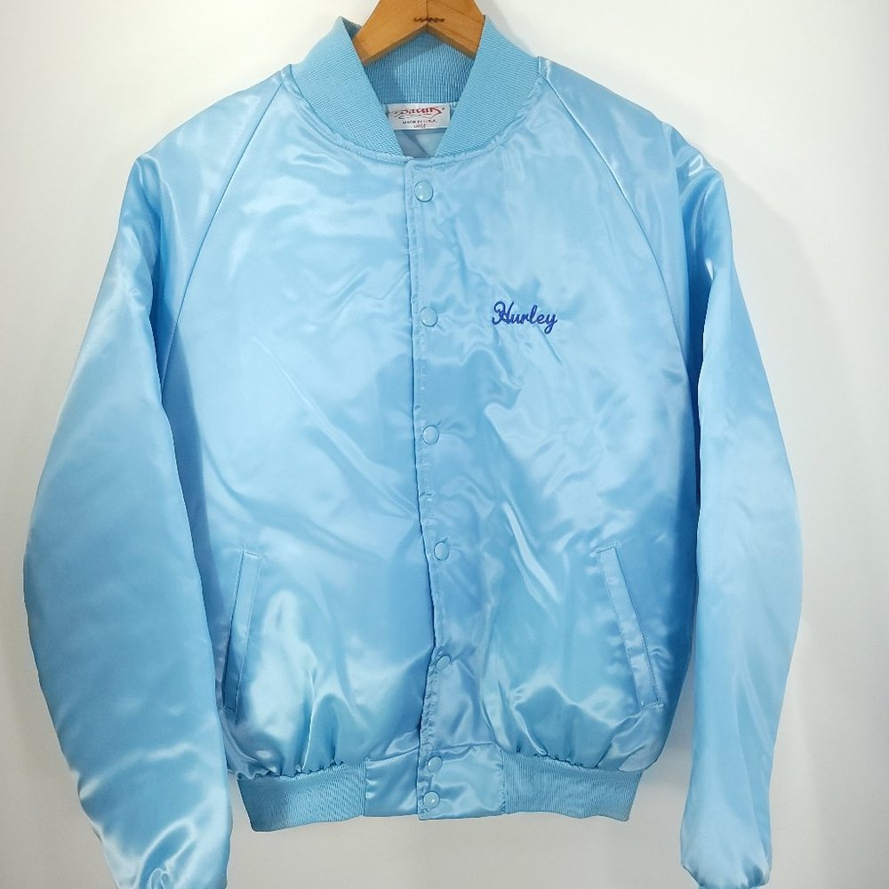 Vtg West Sebring Vol Fire Dep Jacket Men's Large Light Blue Snap Front Satins